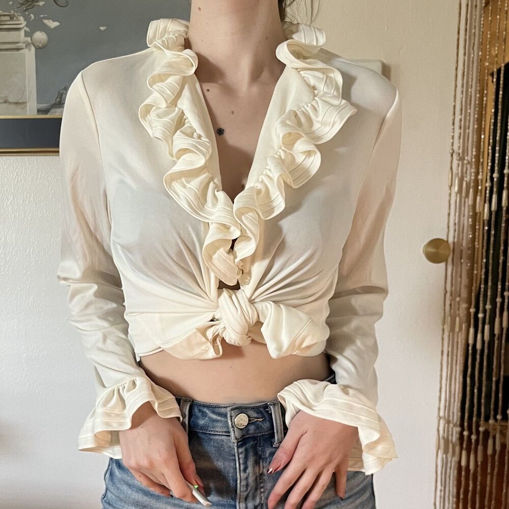 Vintage 70s Ruffle-Neck Long Sleeve Button Down Size S Rockstar Poet Shirt